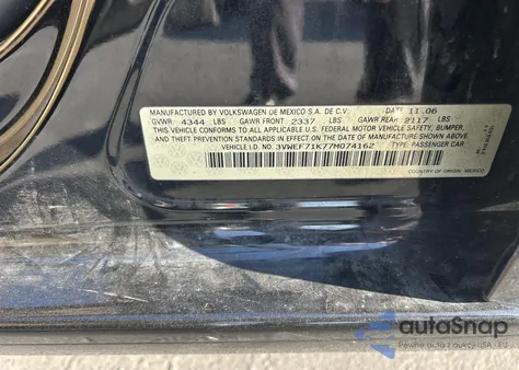 2007 Volkswagen Jetta from USA, damaged, VIN 3VWEF71K77M074162